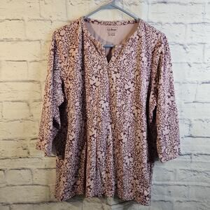 L.L. Bean Shirt Women's Size 1X Plus Purple Floral V Neck 3/4 Sleeve Cotton